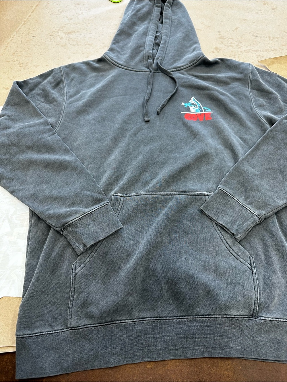 Cove Shark Logo Hooded Pullover Charcoal with Teal & Red Logo
